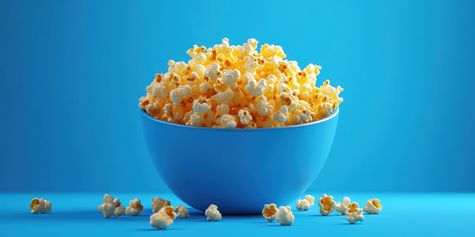 Bowl of freshly popped popcorn on a vibrant blue background ready for movie night snacks and gatherings